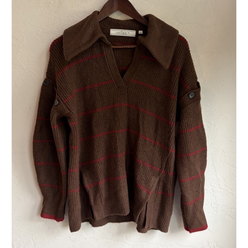GU X Rokh Striped Sailor Collar Sweater L Brown Button Sleeve Avant Garde Grunge